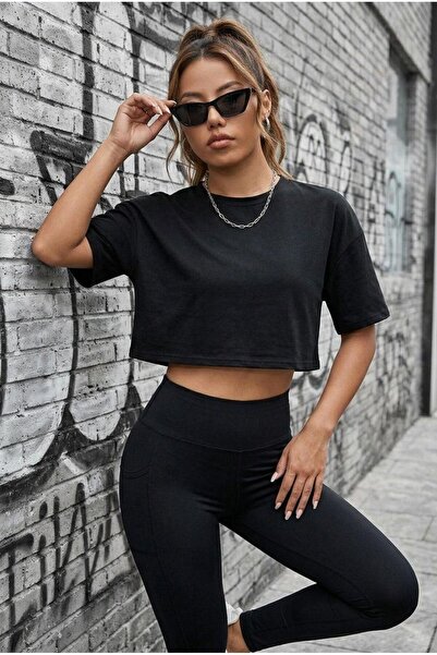 Oksit Cezyy Crew Neck Basic Oversize Crop T-Shirt - Cotton Relaxed Fit