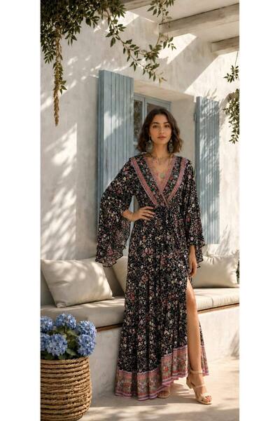 Marjinal Women's Ethnic Patterned Double-Breasted Collar Belted Dress
