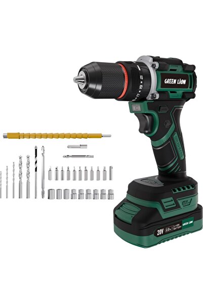 Green Lion GD-13 Power Pro Cordless Hammer Drill, 30 Pieces Drill Set, 20V 2A...
