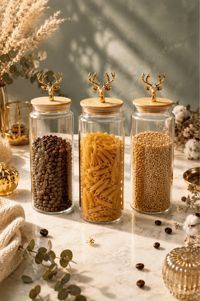 Jenisa Set of 3 Glass Jars with Bamboo Lids and Deer Figures, Food Storage Co...