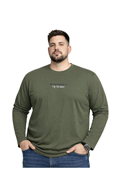 BattalModa تي شيرت رجالي كبير الحجم من القطن الكاكي مطبوع بأكمام طويلة 5XL-6X...