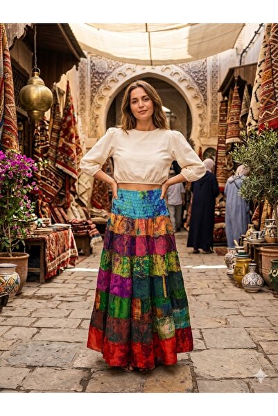 AYASOFYA OTANTIK Fusta indiană multicoloră pentru femei, cu talie elastică, c...