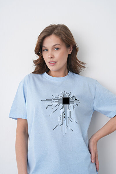 TREND EMMODA Tricou casual albastru cu gât rotund, cu imprimeu cu circuit de ...