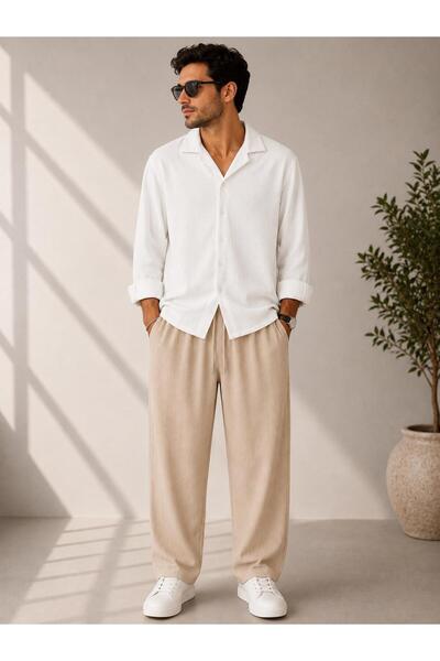 WENMİNG Bürümcük Crinkle Fabric Summer Lycra Men's Shirt and Pants Set