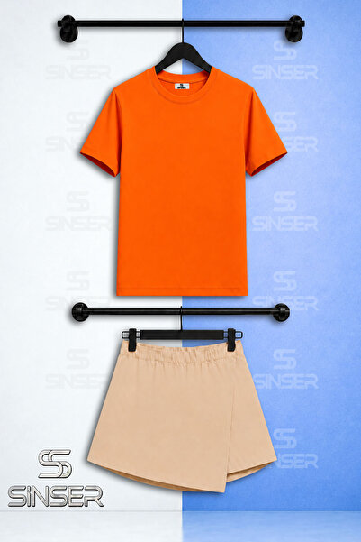 SS SİNSER Kiz Set Plain Unprinted Short Sleeve T-Shirt Shorts Skirt