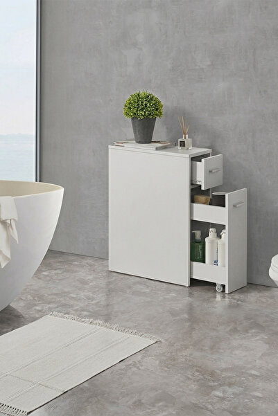 Dekorive Beyaz Çok Amaçlı Tekerlekli Banyo Dolabı & Organizer
