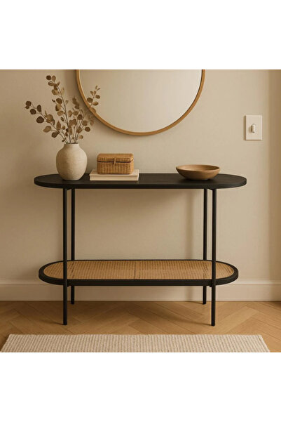 Icon Two‑Tier Black Wood & Rattan Console Table – Modern Entryway Design