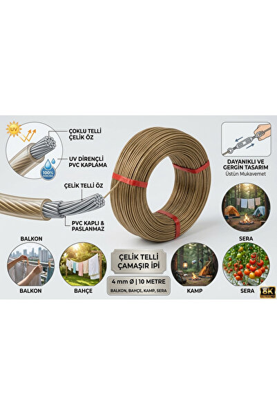 EMİRHANNALBUR Çelik Telli Çamaşır İpi 4 mm 10 Metre - PVC Kaplı Paslanmaz Day...