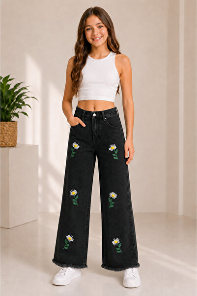 NAWİ 32004-26 Girl's Daisy Embroidered Wide Leg Jean Pants with Tassel Legs