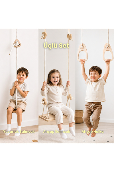 Pooki playroom Ahşap 3’lü Salıncak Seti