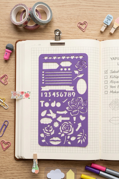 Karmelom Studio Riglă șablon pentru Bullet Journal cu numere și motive floral...
