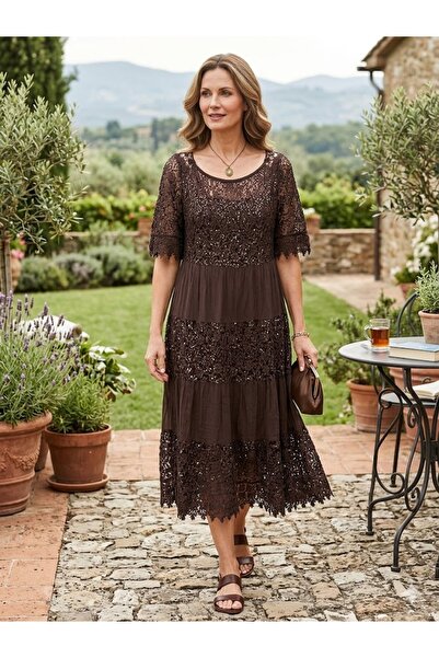 AYASOFYA OTANTIK Rochie midi din mătase cu paiete și dantelă, maro italiană, ...
