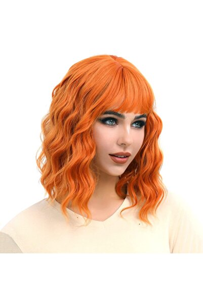 OEM Orange bob wig with bangs, synthetic hair, 35 cm