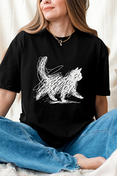 Auryne Jewelry Unisex Cat Line Abstract Art Printed T-Shirt 100% Organic Cott...