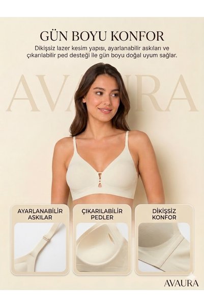 AVAURA Soft Touch Seamless White Champagne Color Laser Cut Front Decolletage Detailed Seamless Adjustable Strap Non-Wired Women's Bra