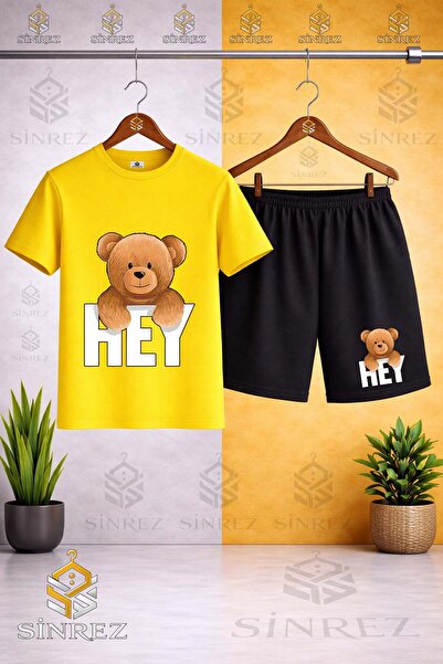 SİNREZ Crew Neck T-Shirt with Bear Hey Writing on the Back - Shorts Set