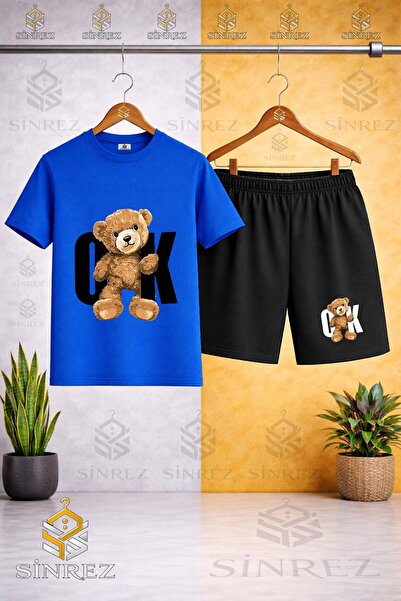 SİNREZ Crew Neck Kids' Bear Arrow Black Printed T-Shirt - Shorts Set