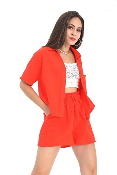 VELİZADE Women's Orange Muslin Shirt and Shorts Combination Oversize Pocket D...