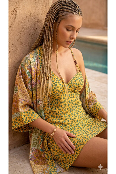 Pico L'intimo Saten Desenli Kimono & Kısa Gecelik Set