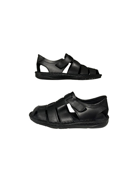 Mr.white - Men's Inner and Outer Genuine Leather Soft Sole Black Sandals