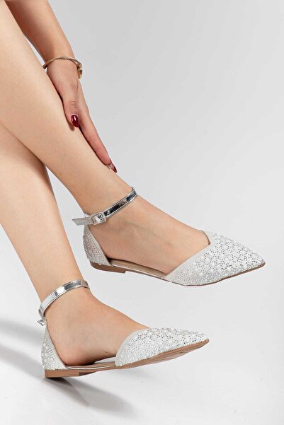 HMS moda Women's Pearl Stone Embellished Luxury Satin Decorated Ballerinas