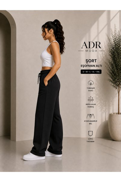 ADR MODA بنطلون رياضي أسود عالي الخصر واسع الأرجل مع جيوب جانبية