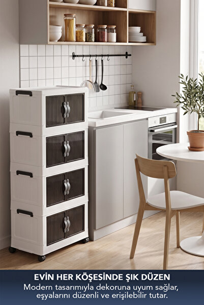 Lavine ”MEDIUM” 4 Katlı Portatif Dolap Organizer 30LT Çok Amaçlı Mıknatıs Kapaklı, Katlanır, Tekerlekli