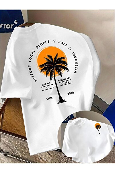 bolivia's Bali Travel Style! White Short-sleeve T-shirt with Sunset and Palm ...