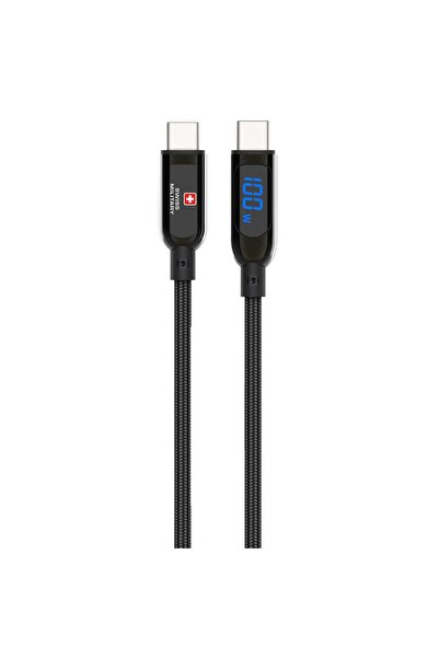 Swiss Military 100W Braided Type-C to Type-C LED Charging Cable, 1m, Black