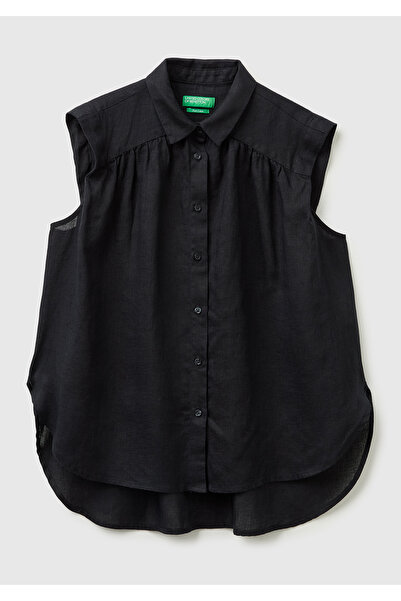 United Colors of Benetton Women's Black 100% Linen Front Pleated Sleeveless B...