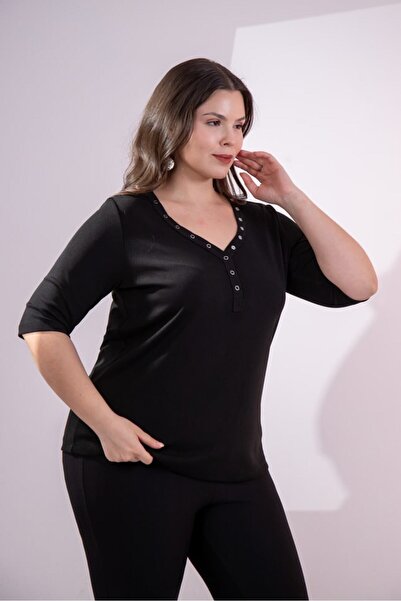Roxxlen Women's Plus Size Snap Fastener V-Neck Blouse Black