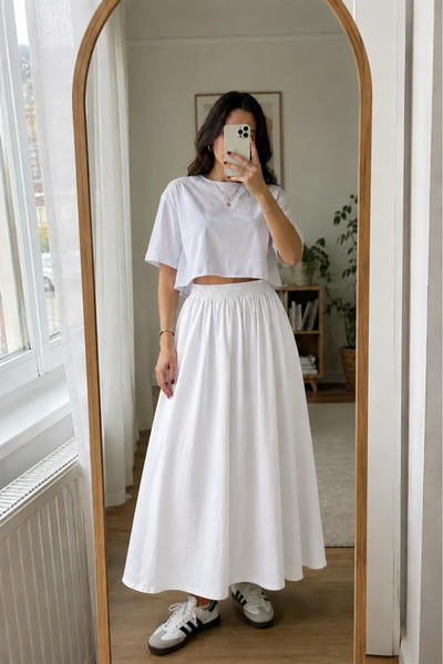 LUXINA GİYİM Kadın Beyaz Poplin Kumaş Uzun Etek Beli Lastikli Günlük Maxi Ete...