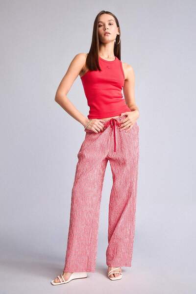 DeFacto Wide Leg Double Pockets Elastic Waist Standard Length Crinkle Pants H...
