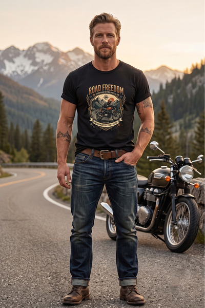 WİDİ Tricou pentru bărbați cu imprimeu Road Freedom Motorcycle, design retro ...