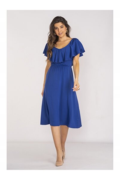 Awama Rochie Midi Dama, Decolte V Cu Volan, Croi Elegant, Talie Evidentiata C...
