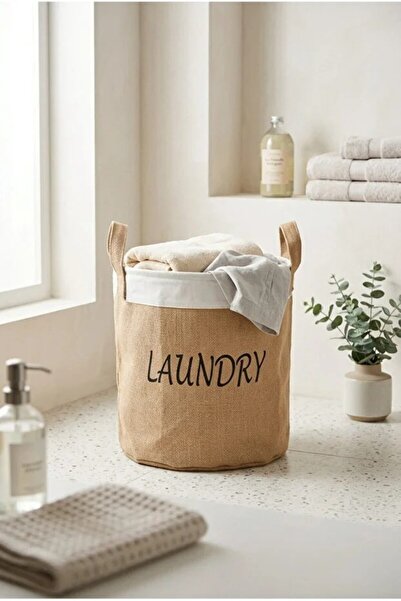 ACELEYOLLA Çamaşır Sepeti Kumaş Kulplu Jüt Kumaş Katlanabilir Laundry Yazılı ...