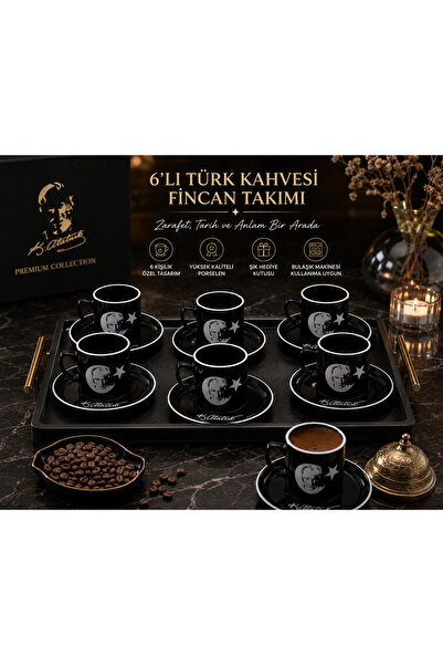 Kosova 6’lı Atatürk Temalı Türk Kahvesi Fincan Takımı – Siyah Premium Porsele...