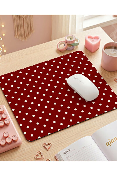 matizya Kare Mousepad Kırmızı Puantiyeli Desenli Kaymaz Tabanlı Ofis ve Çalış...