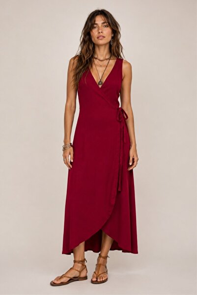 Clandestino V-Neck Tie Detail Midi Dress Plain Burgundy