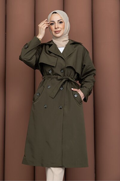 KMKkombin Women's Youthful Trench Coat with Buttons on the Back, Slits and Ap...