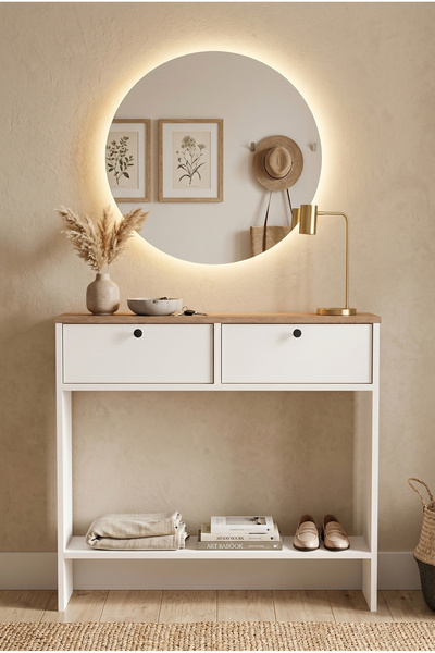 Robin Home Led Aynalı Dresuar Kapaklı Ahşap Ayaklı 90cm Sepet-Beyaz