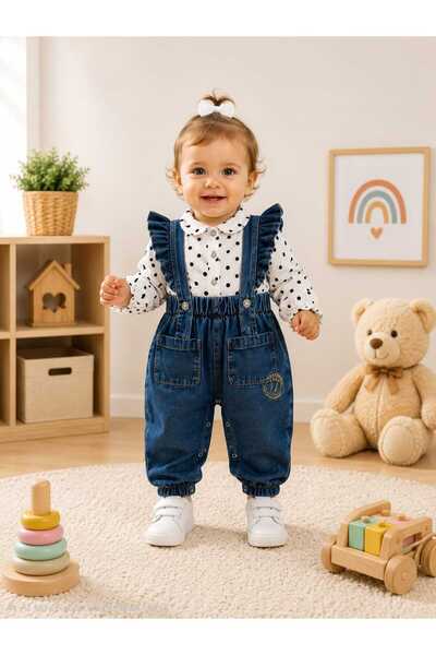 CROCODAYS Long Sleeve Girls' Baby Jeans (Jeans) Shirt and Salopet 2-Piece Set (6/9/12/18) Months