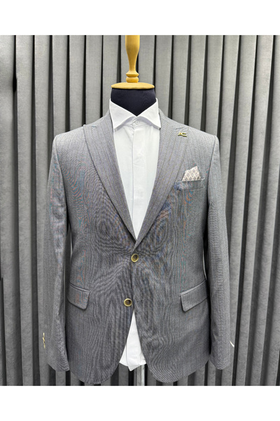 Avni Ceylan Men's Gray Striped Single Button Blazer Jacket