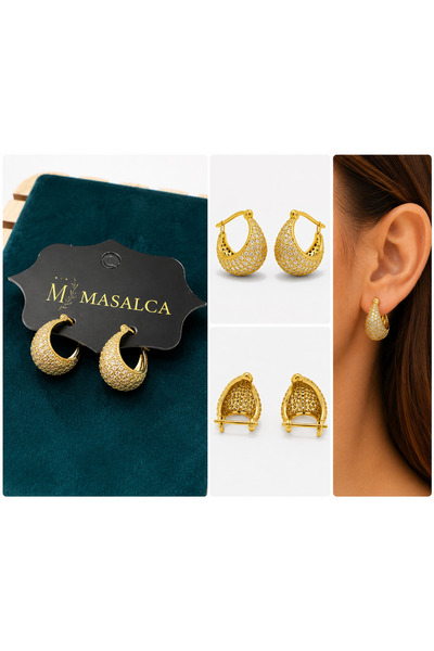 Gold Zirkon Taşlı Damla Halka Küpe