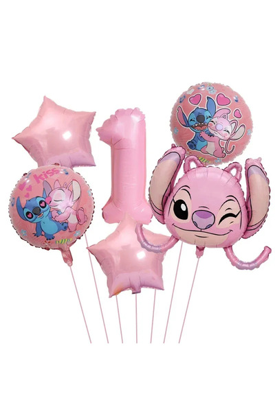 Baloane Vesele Set Baloane Aniversare 1 An Tematica Stitch și Angel Roz SET312-1