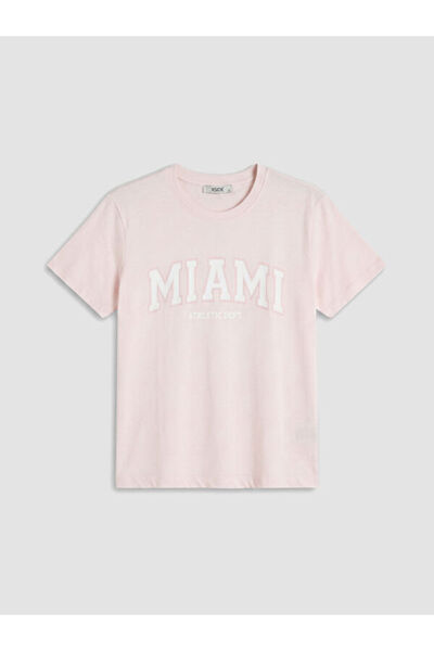 LC Waikiki Rmz Gi̇yi̇m Farkiyla Zero Roba Yaka Miami Printed Women's T-Shirt