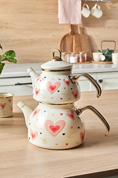 Karaca Pink Love Enamel Teapot Set with Heart Detail
