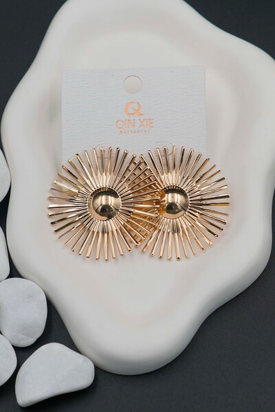 THE Steel Gold Color Beam Detailed Women's Earrings, Showy Daily Jewelry