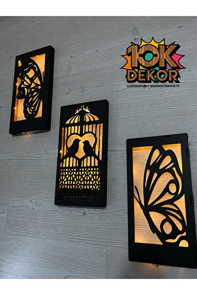 10kdekor KUŞ KELEBEK TEMALI 3 LÜ LED TABLO
