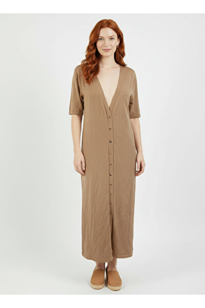 Neden Tekstil Rochie de damă cu decolteu în V, lungă, cu nasturi, culoare camel